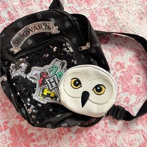 Hogwarts Black Sequin Backpack and White Owl Pouch Set